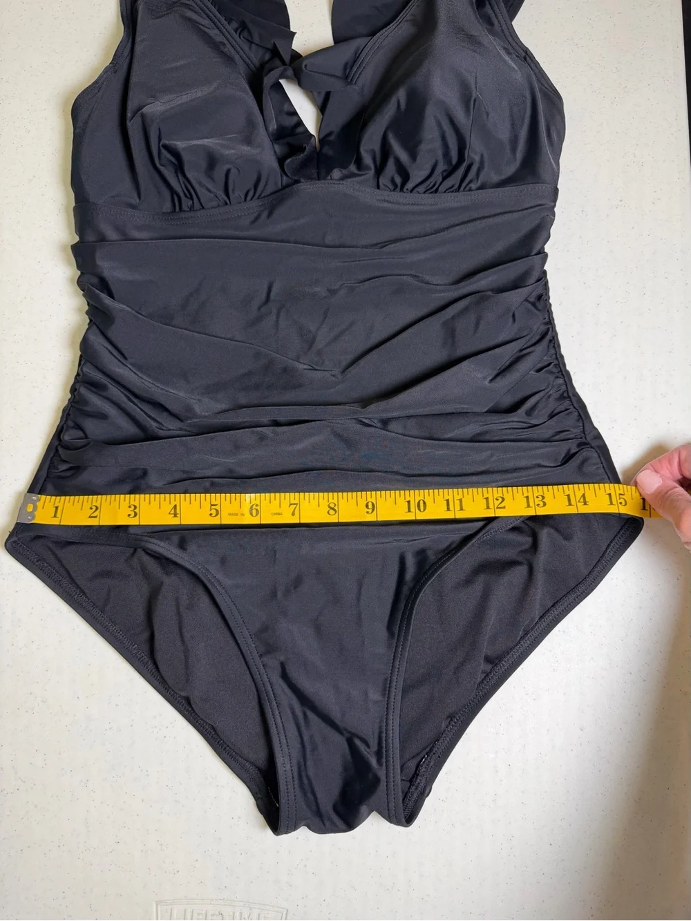 DKNY Black Ruffle One Piece Swimsuit Ruched Tummy Control Size 10 - Picture 10 of 12